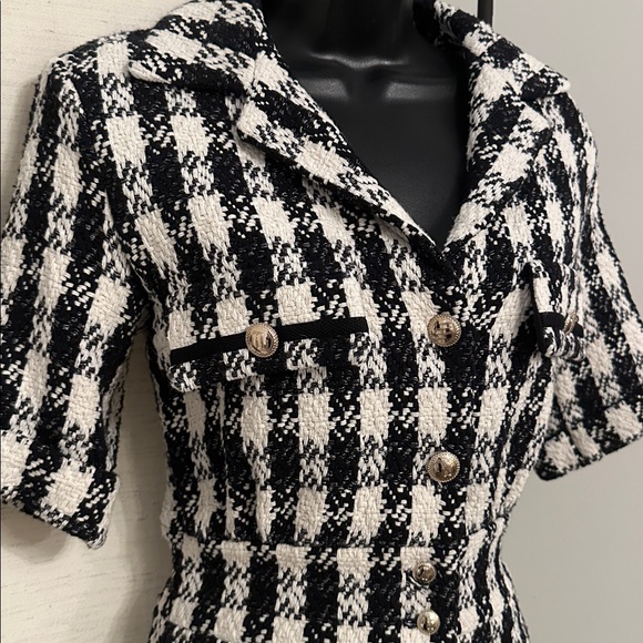 Maje Ricky Tweed Black White Houndstooth Mini Collar Shirt Mini Dress 36 - Picture 14 of 15